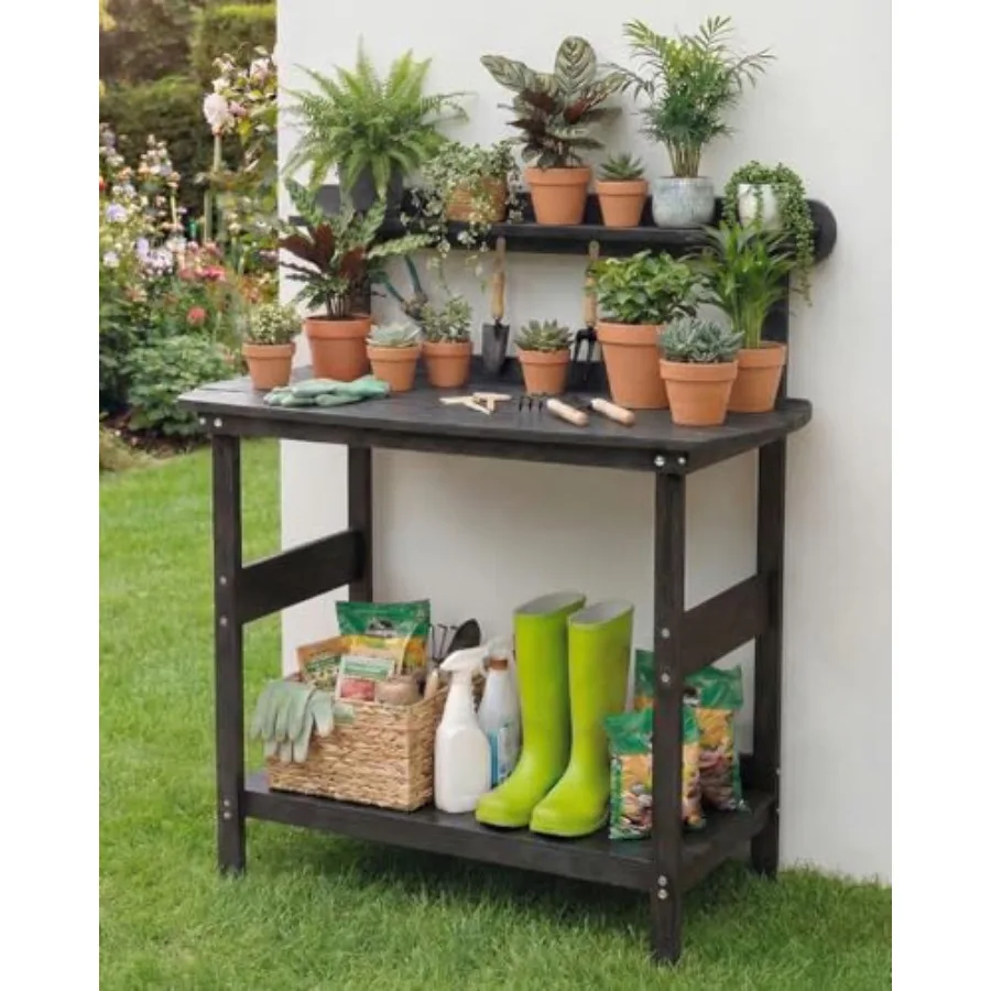 

Outdoor gardening potting bench table with 3-tier HIPS storage black color heavy-duty all-weather construction curved edges and