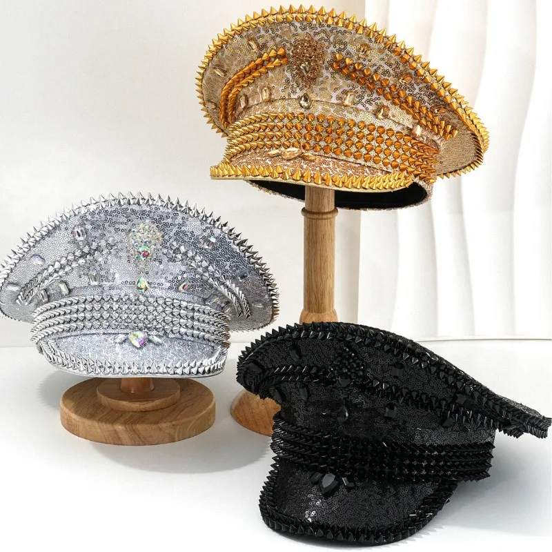 

Adult Fashion Rivets Rhinestones Stage Hat Children Cosplay Masquerade Performance Props Halloween Birthday Christmas Party Hats