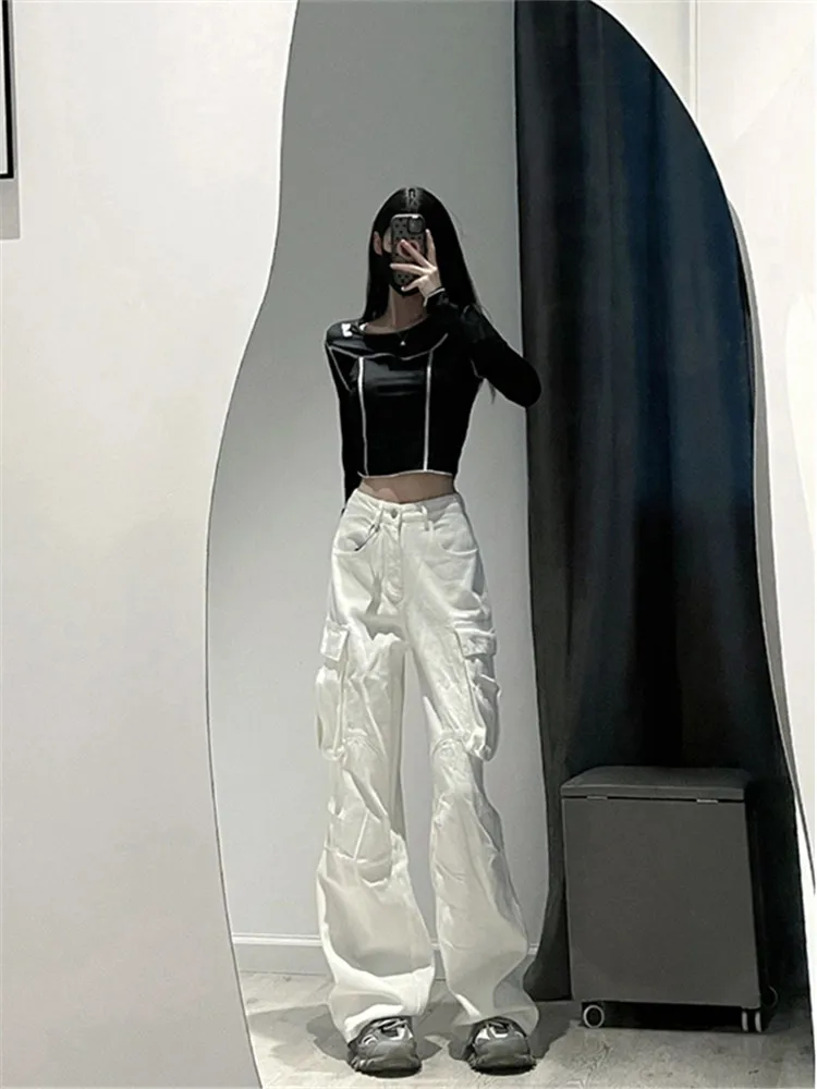 

High Waist Straight Leg Workwear Jeans Women's Extended Length Wide Leg Pants Slimming Washed Blue Jeans Spring Autumn