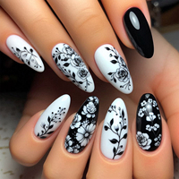 24Pcs Almond Fake Nails Black/White Flower Printed Charms Press On Nails Women and Girls Full Cover Wearable False Nails Patches