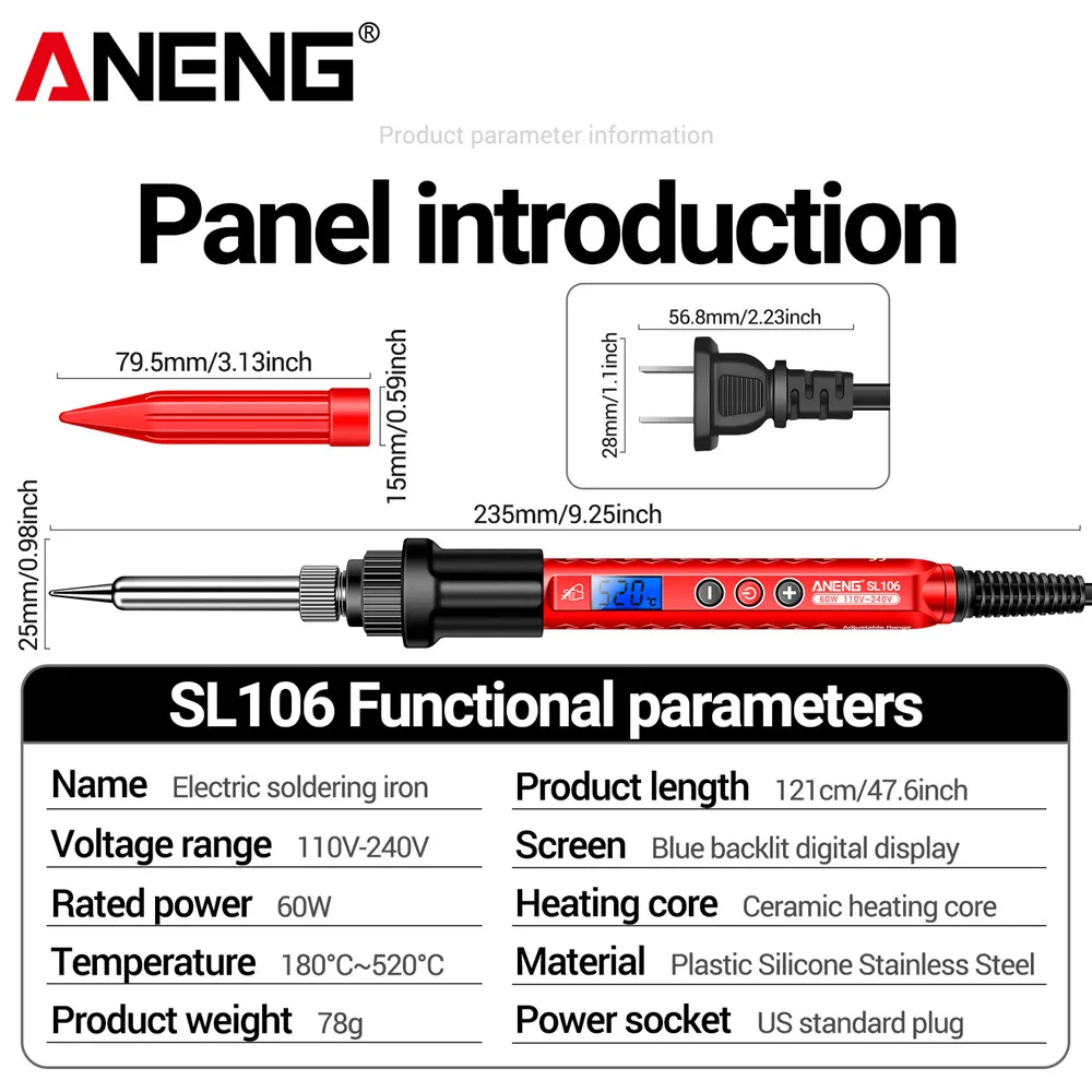 ANENG SL106 Digital Electric Soldering Iron 60W with Adjustable Temperature 180°C~520℃ US Plug Ceramic Heating Core Welding Tool - view 3