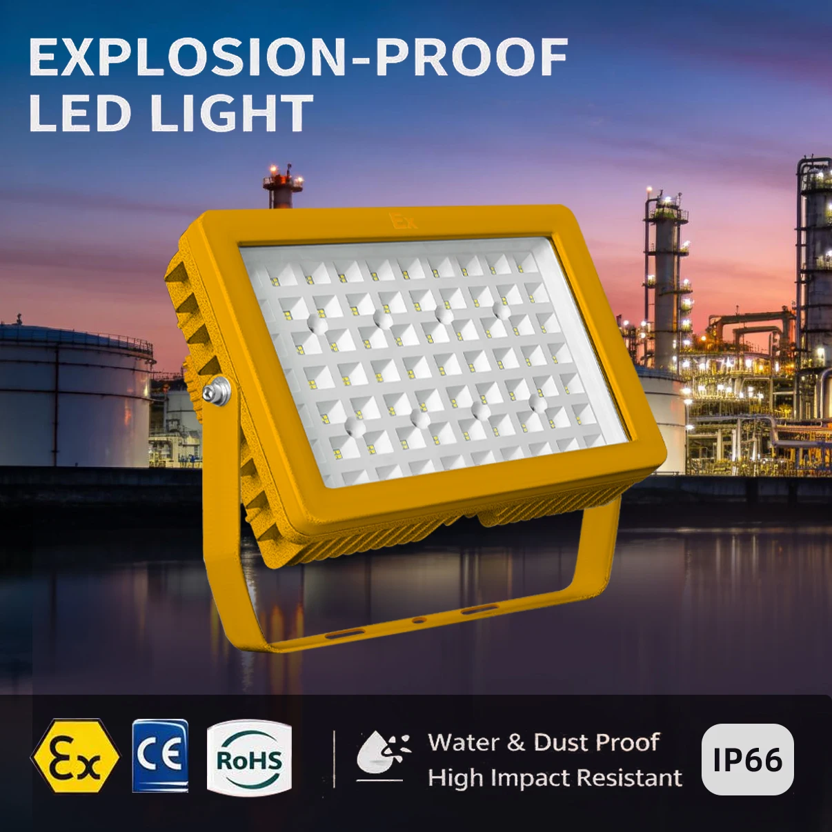 Oil Gas Lighting 150W Explosion-Proof LED Flood Light IP65 Waterproof Dustproof ATEX Certified Ex IIC T4 Aluminum Glass