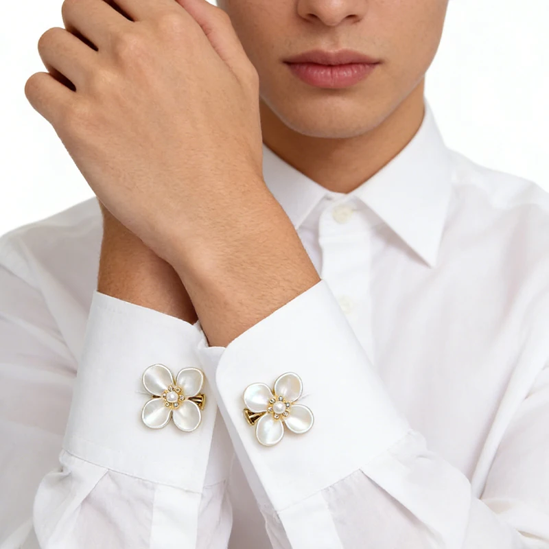 

10PCS Women's 4-Petal Flower Pearl Rhinestone Shell Clothing Accessories White Shirt Cuff Lapel Wedding Party Decor