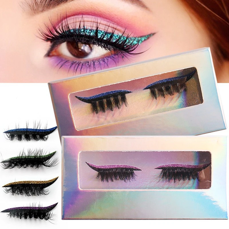 1-teiliges Set, bunter Lidschatten mit selbstklebenden falschen Wimpern, natürlich dick, gekräuselten Wimpern, einfach anzubringendes Augen-Make-up-Set