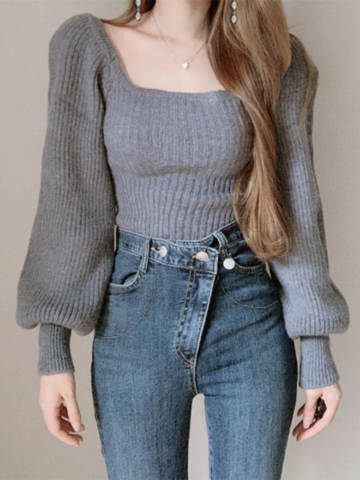 Design rétro Chic haut tricoté femmes Long Sve Bubble Sve pull col carré paresseux Sle Faionable automne hiver Cl...