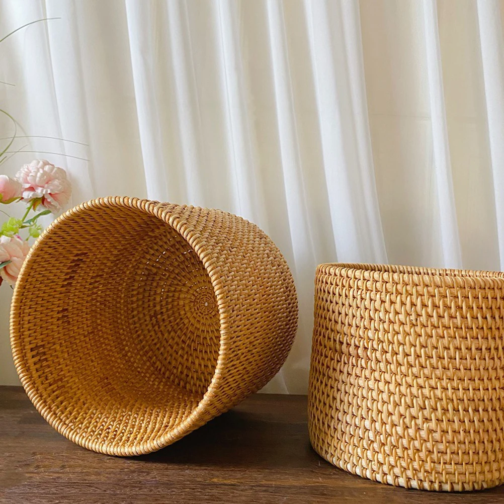 

Rattan Woven Round Size Desktop Finishing Basket Trash Can Fruit Storage Sundries ganizer Eco Sundries Basket Reusable