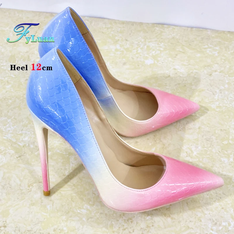 New Women's Pumps Rainbow Stone Pattern Celebrity High Heel Shoes 8-12CM Pointed Soft Leather Gradient Colorful Stileto Size 46