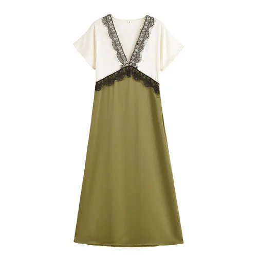 Autumn New Fashionable Simple Contrasting Silk And Satin Texture Dress