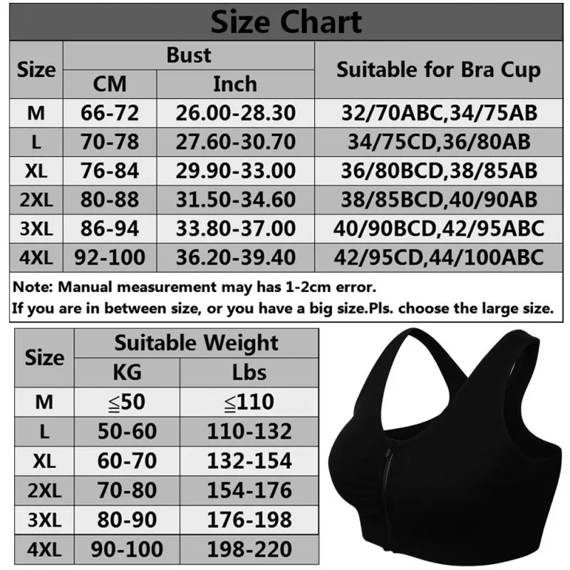 M-4XL Women Front Zipper Closure Push Up Bras Shockproof Fitness Vest Removable Padded Wireless Tops Sports Tops Lady Bra