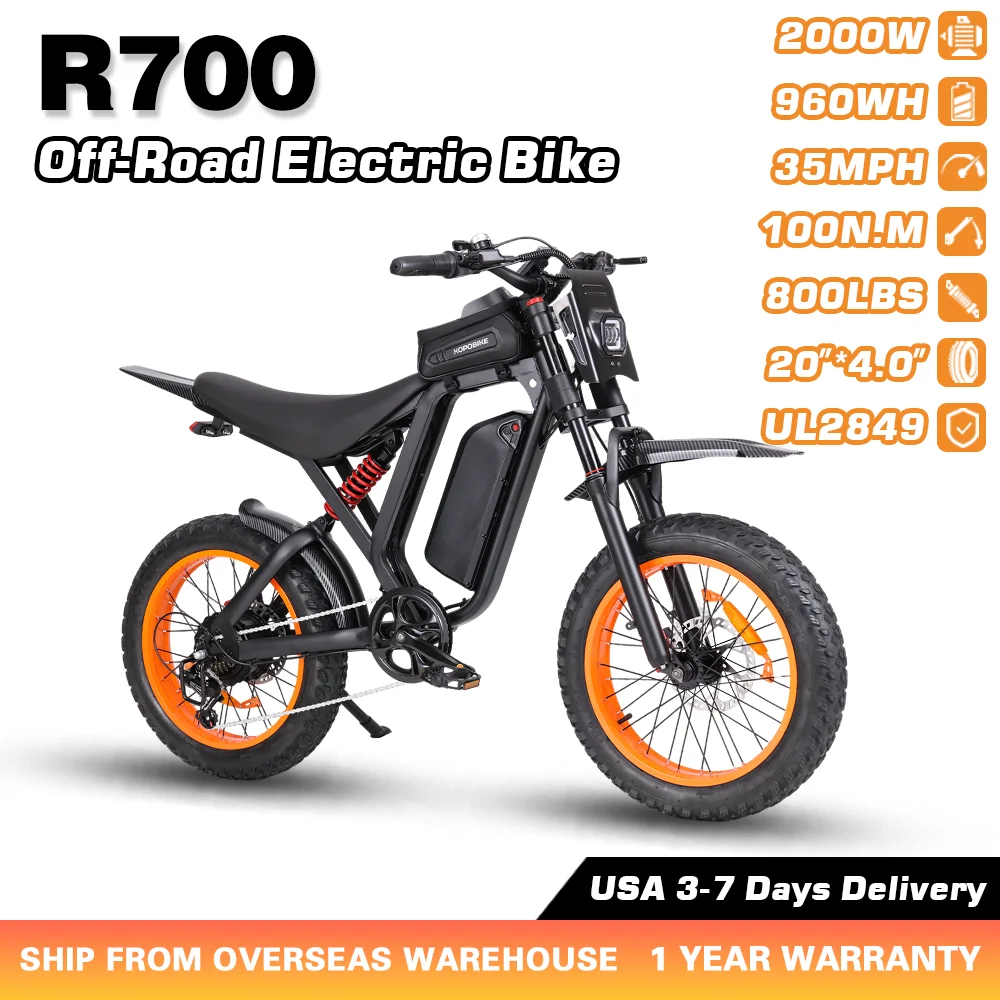 US Stock 2000W Peak 100N.m Motor Electric Bike Adults 35MPH 48V 20Ah 960Wh Battery 20 Inch Fat Tire Off Road Dirt Bike Full Suspension Hydraulic Brakes UL2849