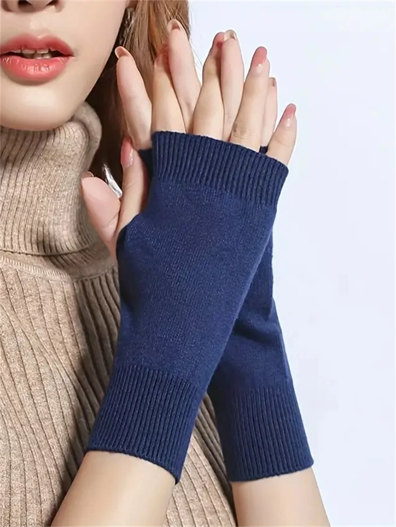 Fingerlose Damenhandschuhe aus Kaschmirwolle – dehnbare warme Winterhandschuhe, weiche Beige/Neutraltöne, handwaschbarer Handschuh für kaltes Wetter