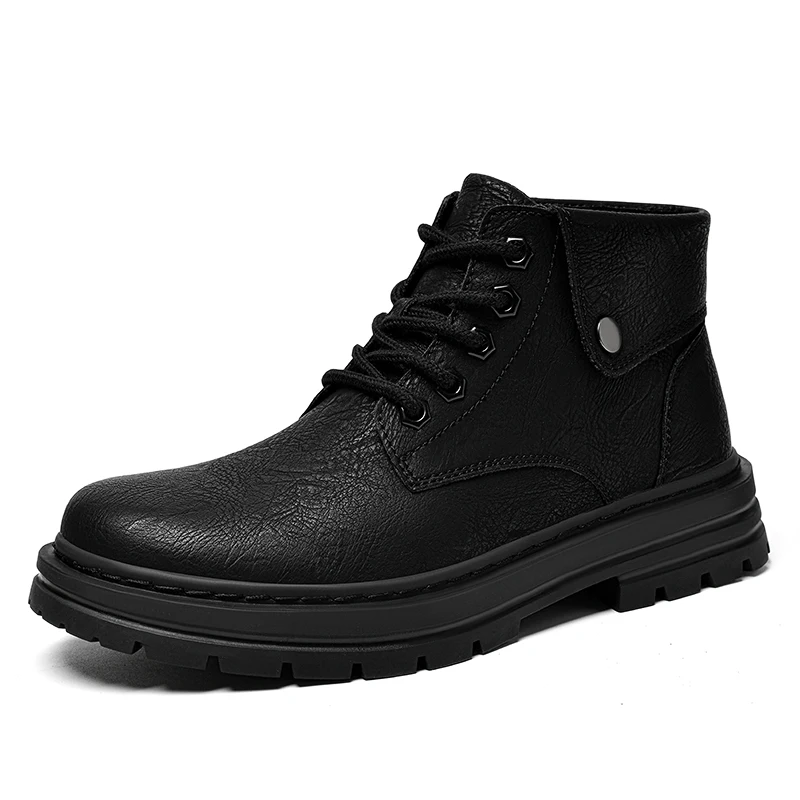 Men's Plus Big Size 49 50 British Ankle Boots Leather Combat Style with Platform Sole Plush and Non-Plush Options Available