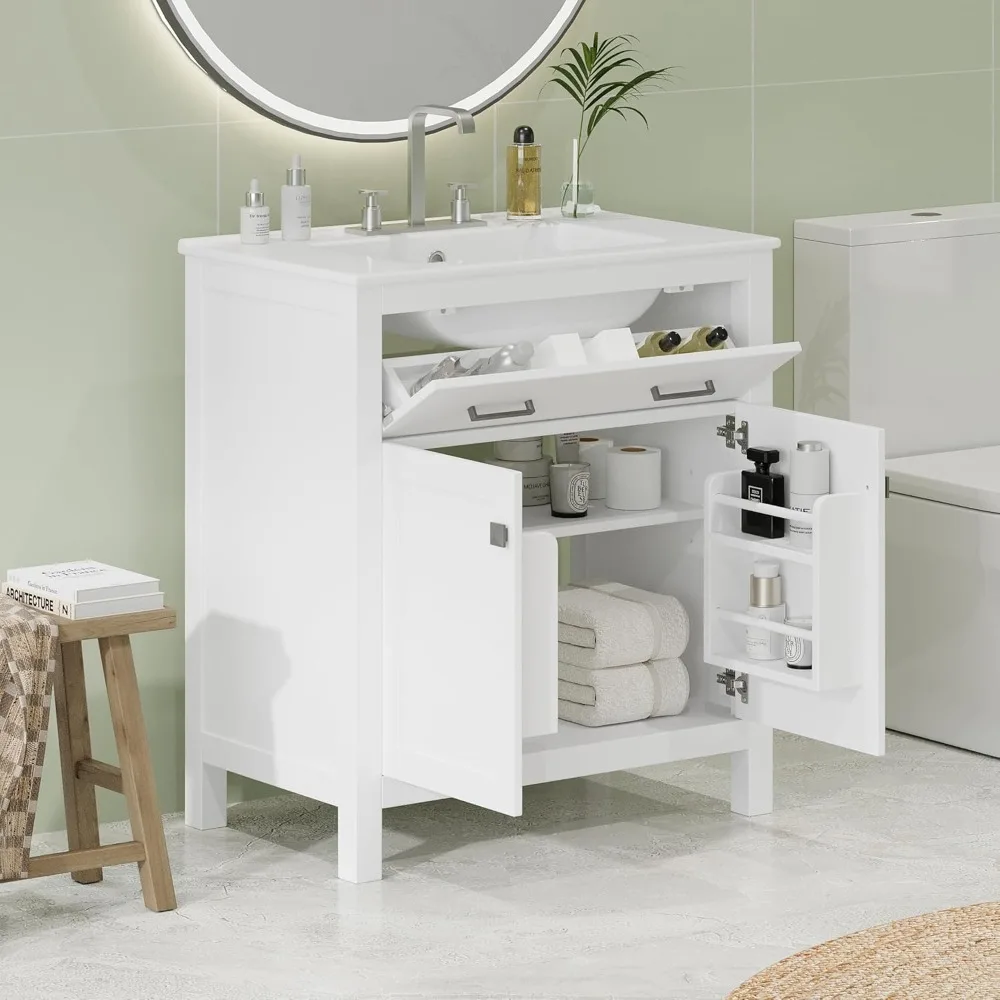 

30 in Bathroom Vanity with Sink,2 Storage Doors,1 Tip-Out Drawer,Adjustable Shelf,and Soft Closing,Wood Single Sink Cabinet