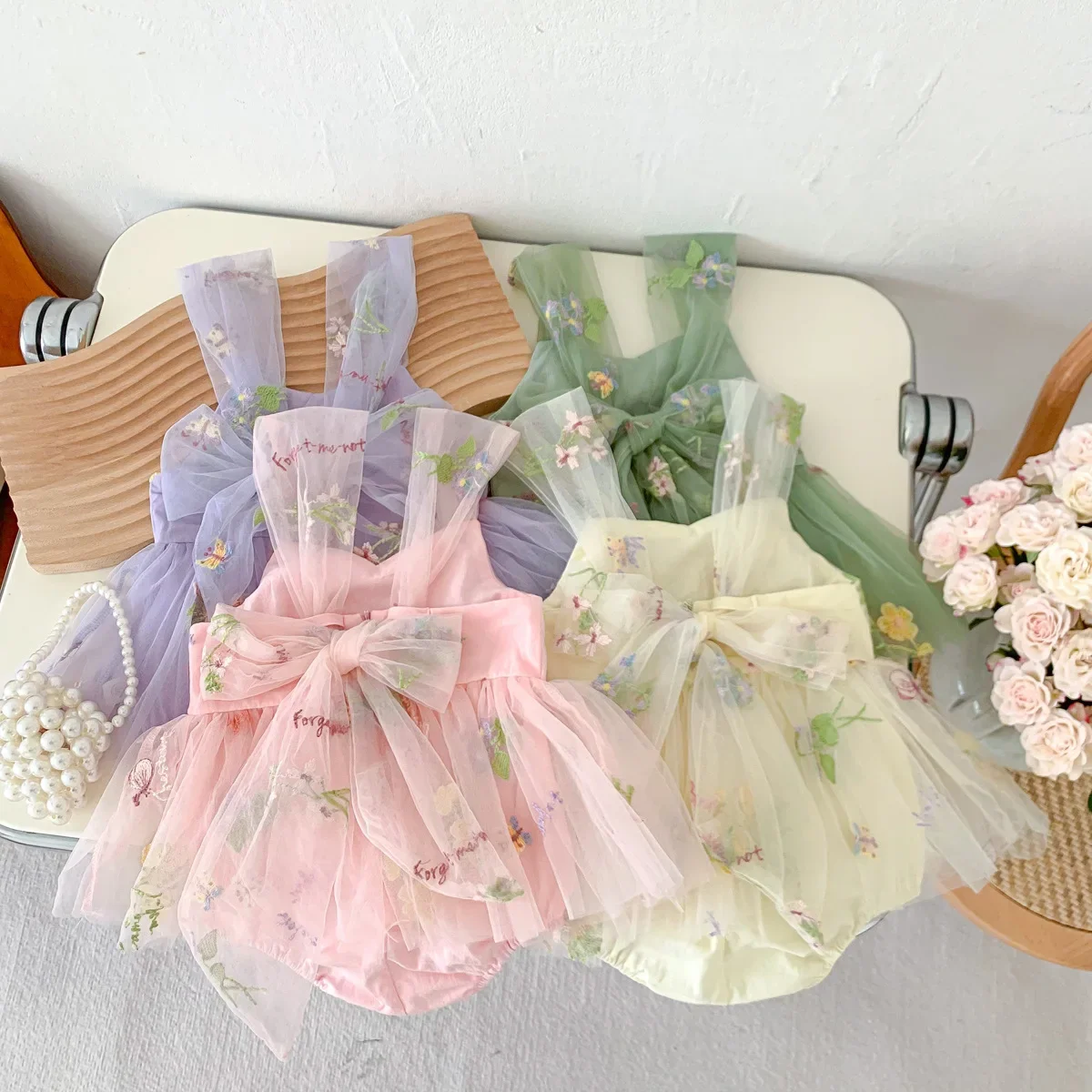 2025 Korean Version Suspender Jumpsuit for Girls, Embroidered Bag, Fart Mesh Princess Dress, Newborn Baby's Hundred Day Dress