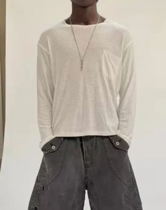 

No Faith Studios Basic Structured Linen Bottom Shirt Pocket Design Cleanfit Three Color Long Sleeve Tee