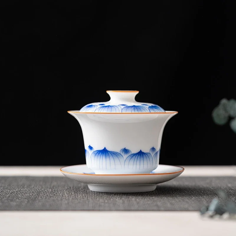 Jingdezhen-Blue and White Kung Fu Tea Set, Hand-painted, Lotus Petal, Zen Tea Bowl, Gift for Chinese