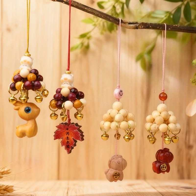 Sandalwood Carved Deer Maple Leaf Pony Ornament Chinese Zodiac Horse Car Rearview Mirror Bag Charm Cute Home Decor Wooden Craft