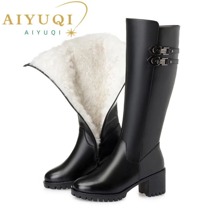 AIYUQI 2024 new women genuine leather winter wool high heel high boots big size 41 42 43 warm snow boots women