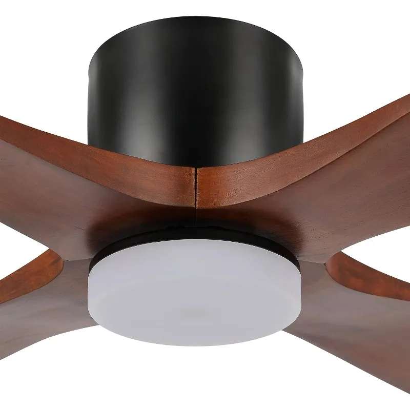 54 Inch Flush Mount Ceiling Fan with Lights and Remote,4 Reversible Carved Wood Blades,Hugger Ceiling Fan in Matte Black Finish