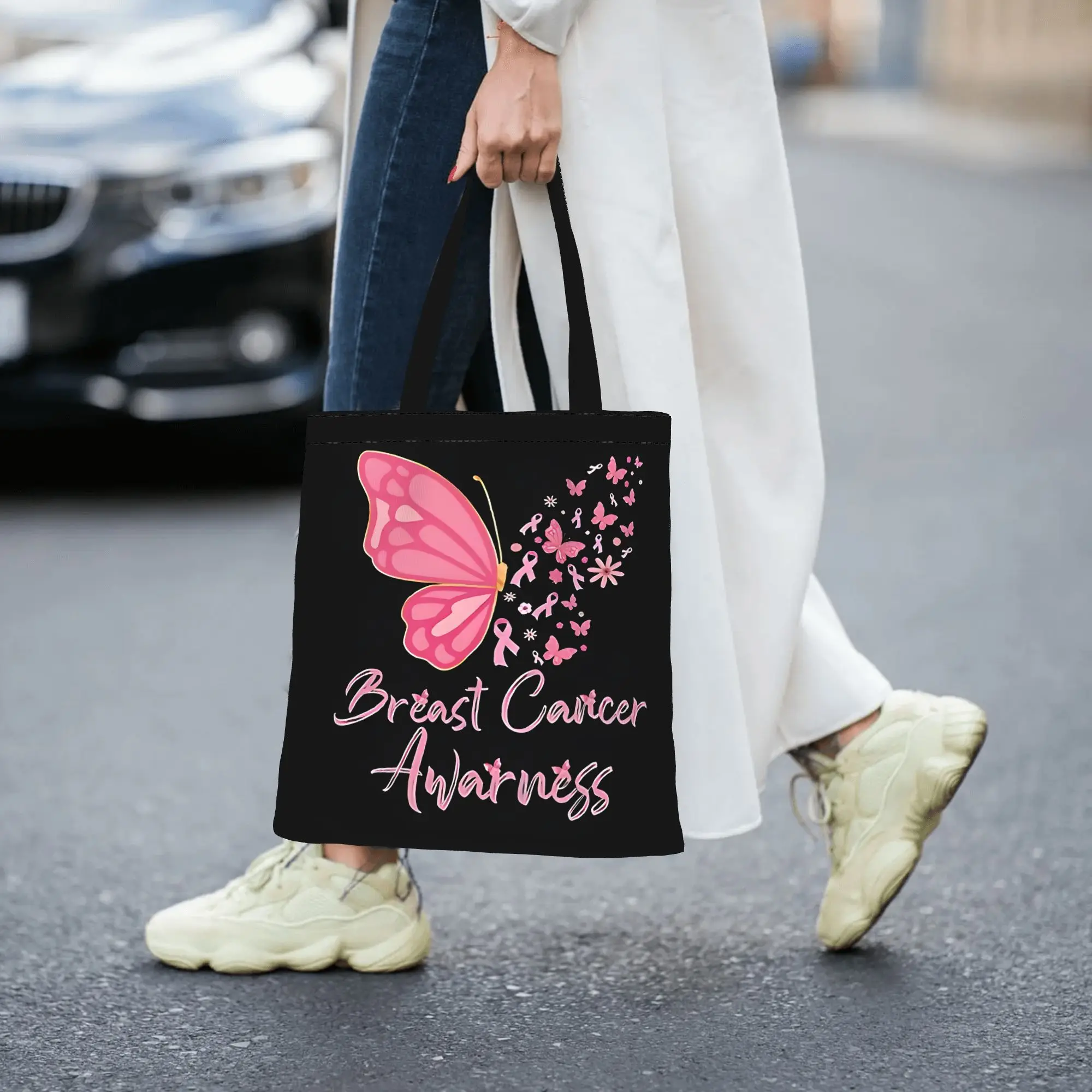 Breast Cancer Butterflies Survival Ribbon canvas tote bag,  casual style for daily shopping