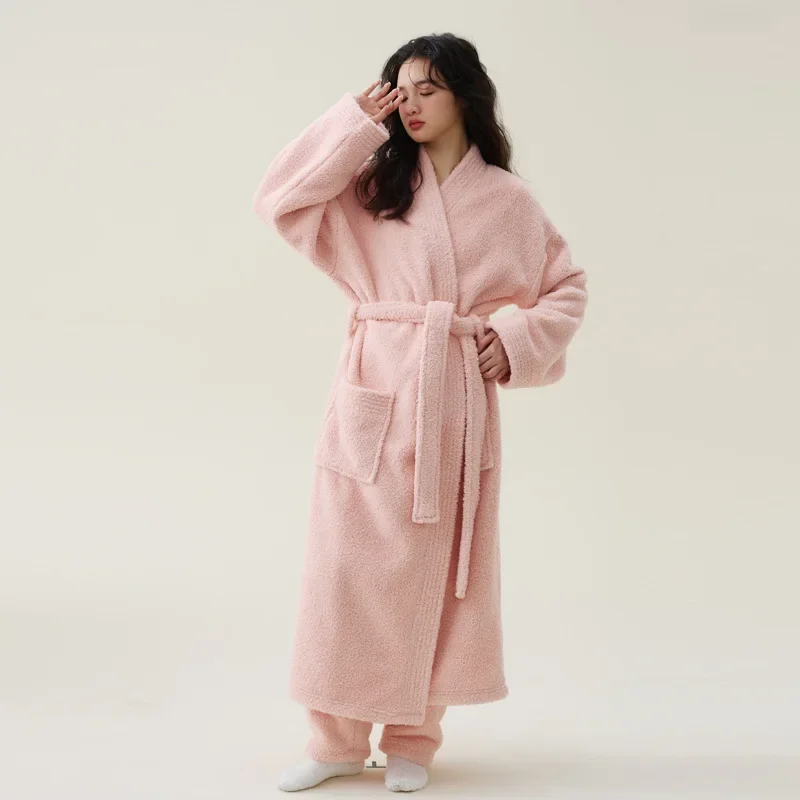 

Lovers Winter Extra Long Flannel Bathrobe Warm Dressing Gown Women Men Coral Fleece Bath Robe Plus Size Bride Sleepwear Thick