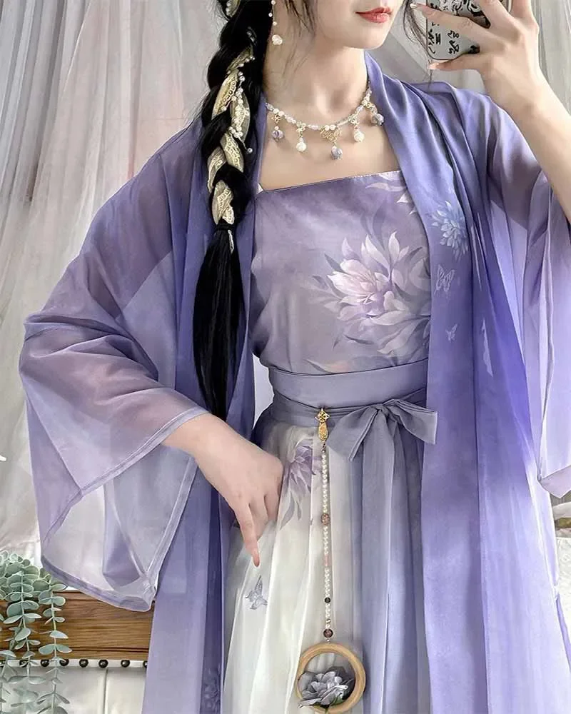 Chinese Hanfu Dress Women Costume Modern Improved Ancient Chinese Purple Printed 3pcs Sets Plus Size XL