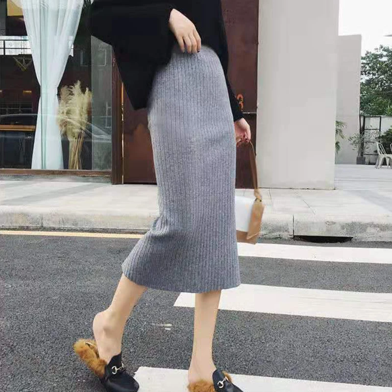 Korean Office Wool Skirt Women Elegant Back Split High Waist Knitted Midi Skirts Female 2023 Autumn Winter Thicken Pencil Skirt