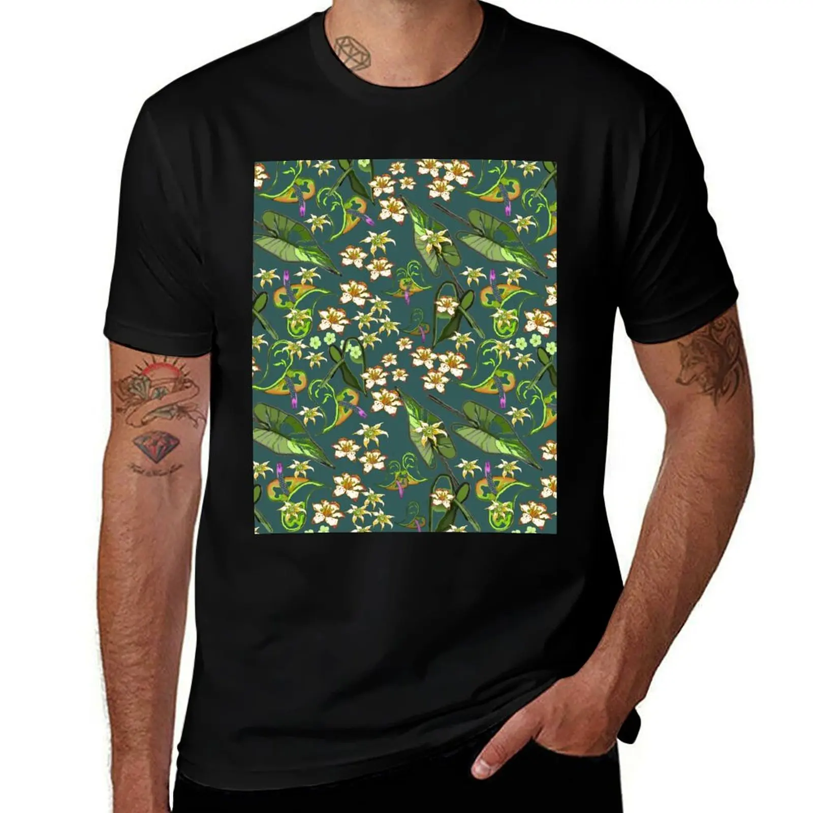 FRILLY LILLIES, LEAVES AND ANTHURIUMS T-Shirt Basic Simple Design Short Sleeve Shirt