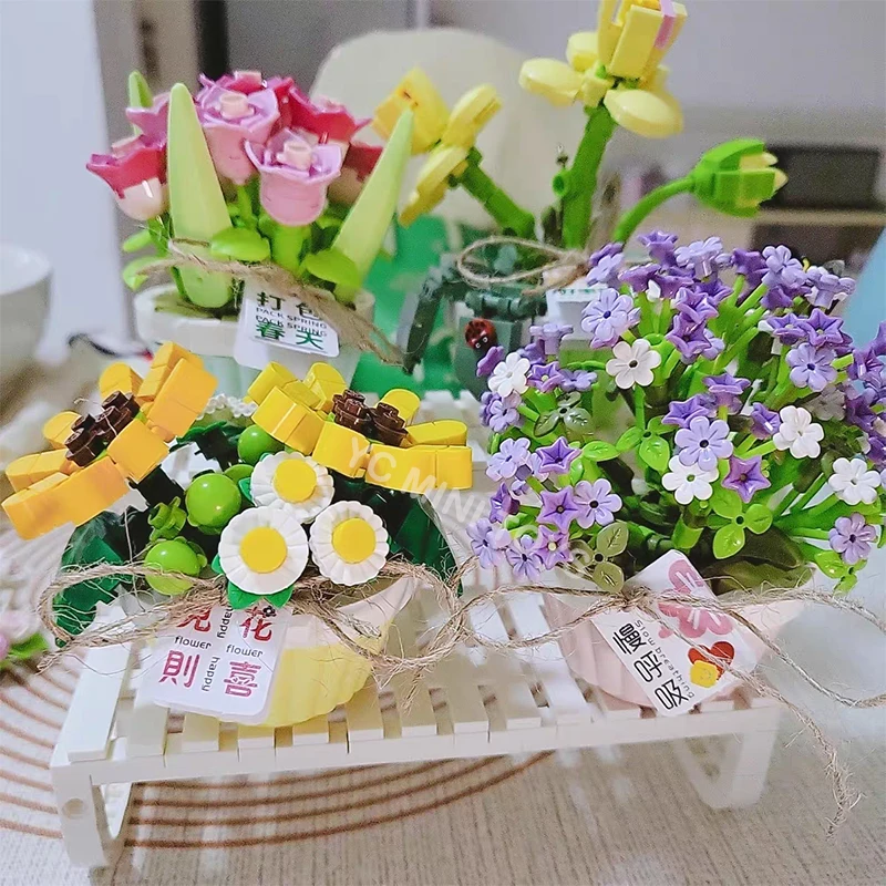 Mini Bonsai Flowers Plants Building Block DIY Green Plant Bouquet Potted Home Decoration Children Toys For Girls Christmas Gifts