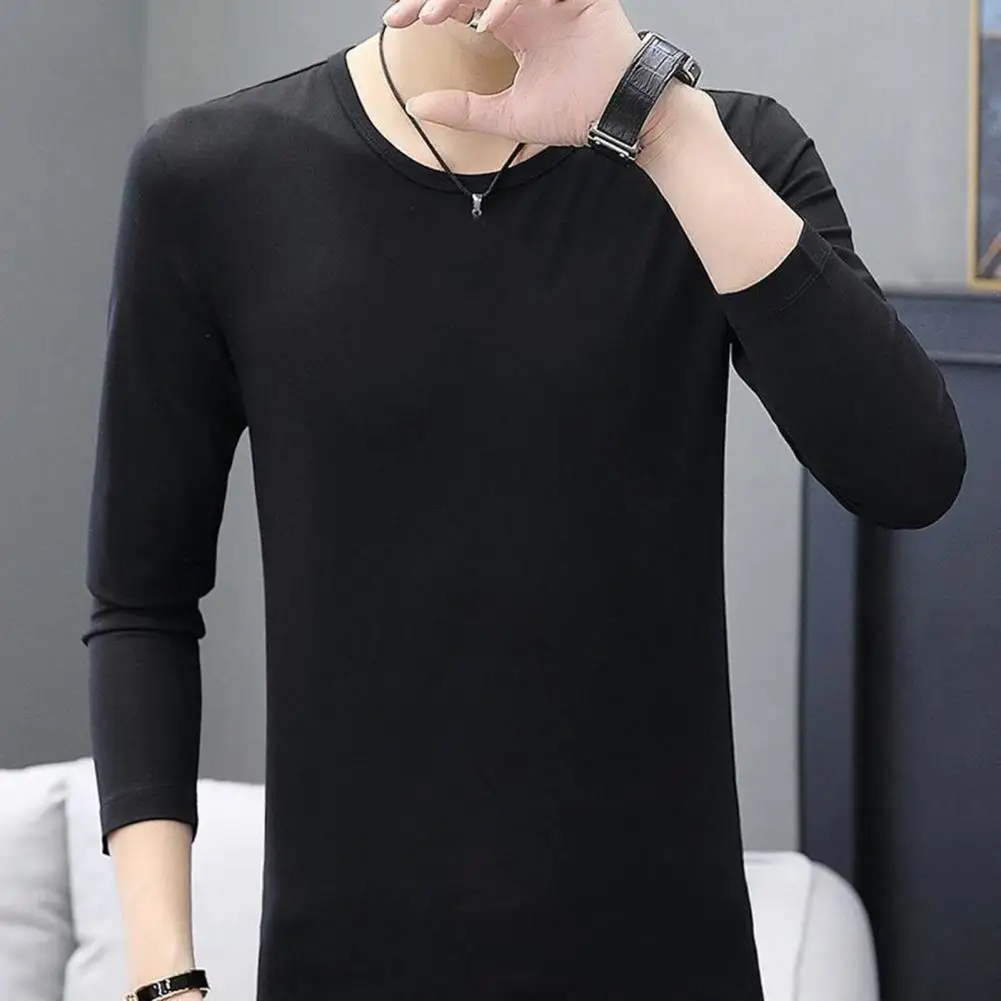 Camiseta básica de invierno para hombre, Jersey elástico de felpa suave, cuello redondo, manga larga, Color sólido, talla grande