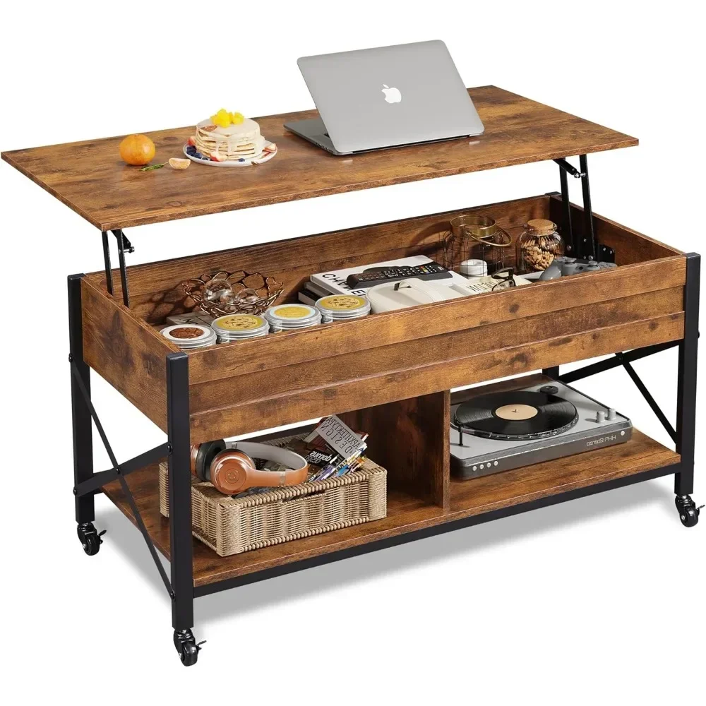 

Журнальный столик с подъемным верхом для гостиной, со складками, скрытым отделением и металлическим каркасом, центральный стол с 4-мя роликами для гостиной