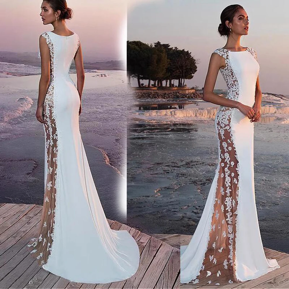 

Women Wedding Dress Elegant Regular Strap Scoop Neckline Sides Appliques Zipper Up Court Train Mermaid Fashion Wedding Dress