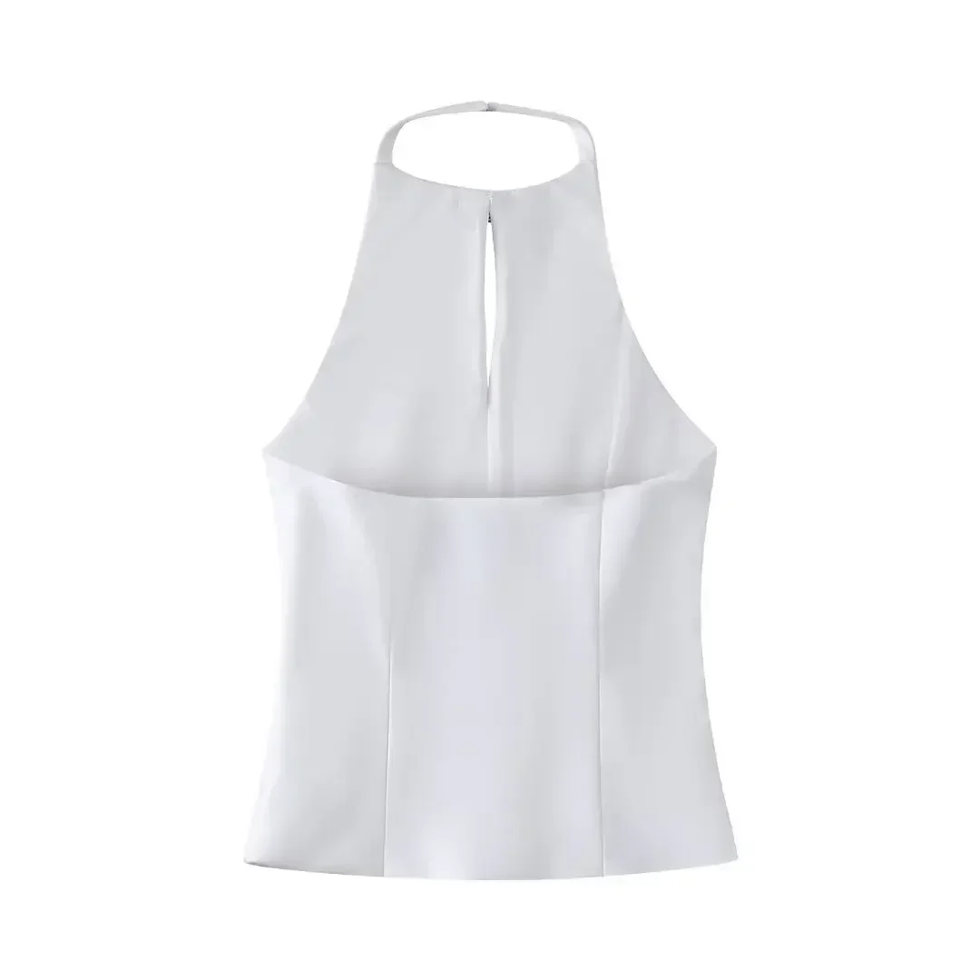 Women's 2024 New Fashion Open Design Bow Decoration Short Hanging Neck Top Retro Sleeveless Women's Tank Top Unique Top