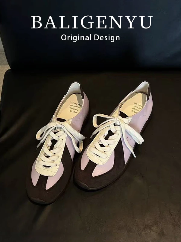 

Leather Version Color Block Laced Deqin Shoes Spring Flat Casual Sport Style Agan Shoes Versatile Slip-On Shoes Leisure Shoes
