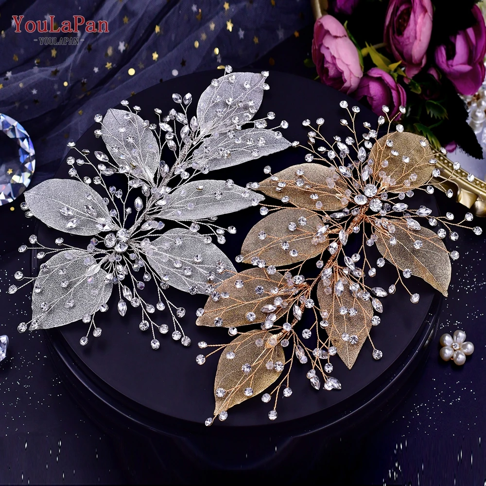 YouLaPan HP285เจ้าสาว Headpiece Rhinestone ผู้หญิง Headdress Leaf Shape ด้านข้างผมเจ้าสาวจัดงานแต่งงานเครื่องประดับผม