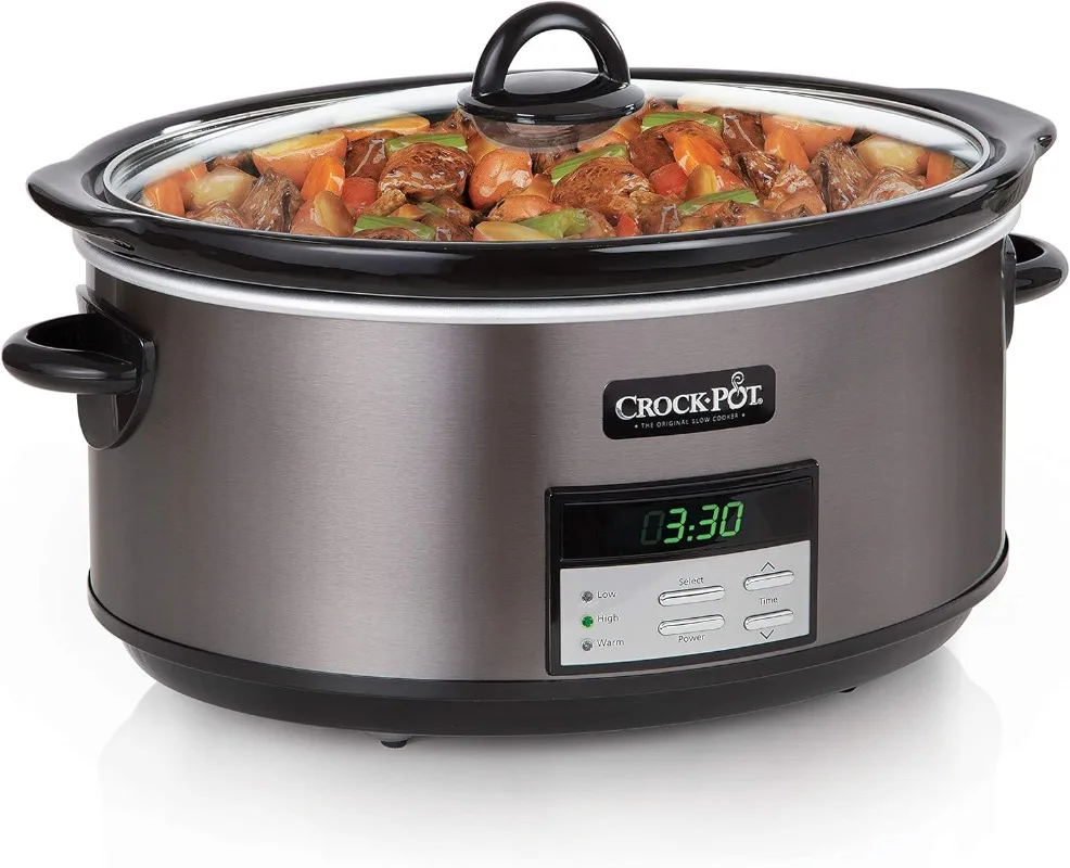 Large 8-Quart Programmable Slow Cooker with Auto Warm Setting, Black Stainless Steel, Includes Cookbook (Pack of 1)