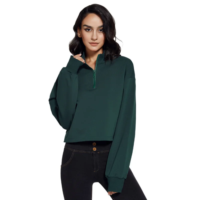 WESTSHAN EU-maat Stand Kraag Fitness Sport Sweatshirt met halve rits voor dames Loose Fit Trekkoord Yoga Crop Hoodies met lange mouwen