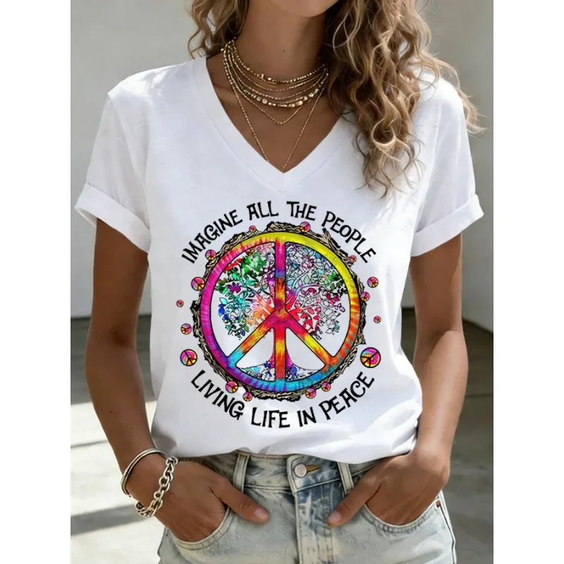 ilstile Women's Living Life In Peace Print T-Shirts Summer Short Sleeve Casual Loose V Neck Tops Tee White Black NEW