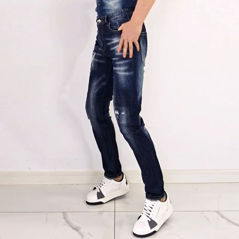 Street fashion men's retro blue jeans, high-quality stretch slim fit corrugated perforated jeans, designer brand pants Hombre