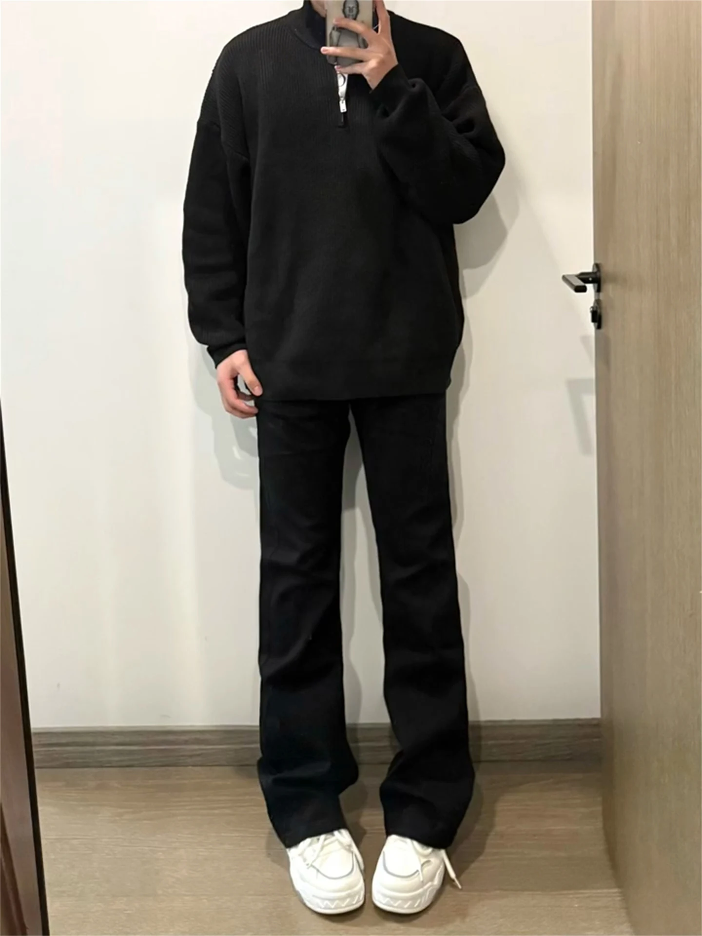 

Men's Winter Warm Fce Lined Straight Leg Jeans Bla Waed Knife Bootcut Casual Trousers mid Waist Zipper Fly