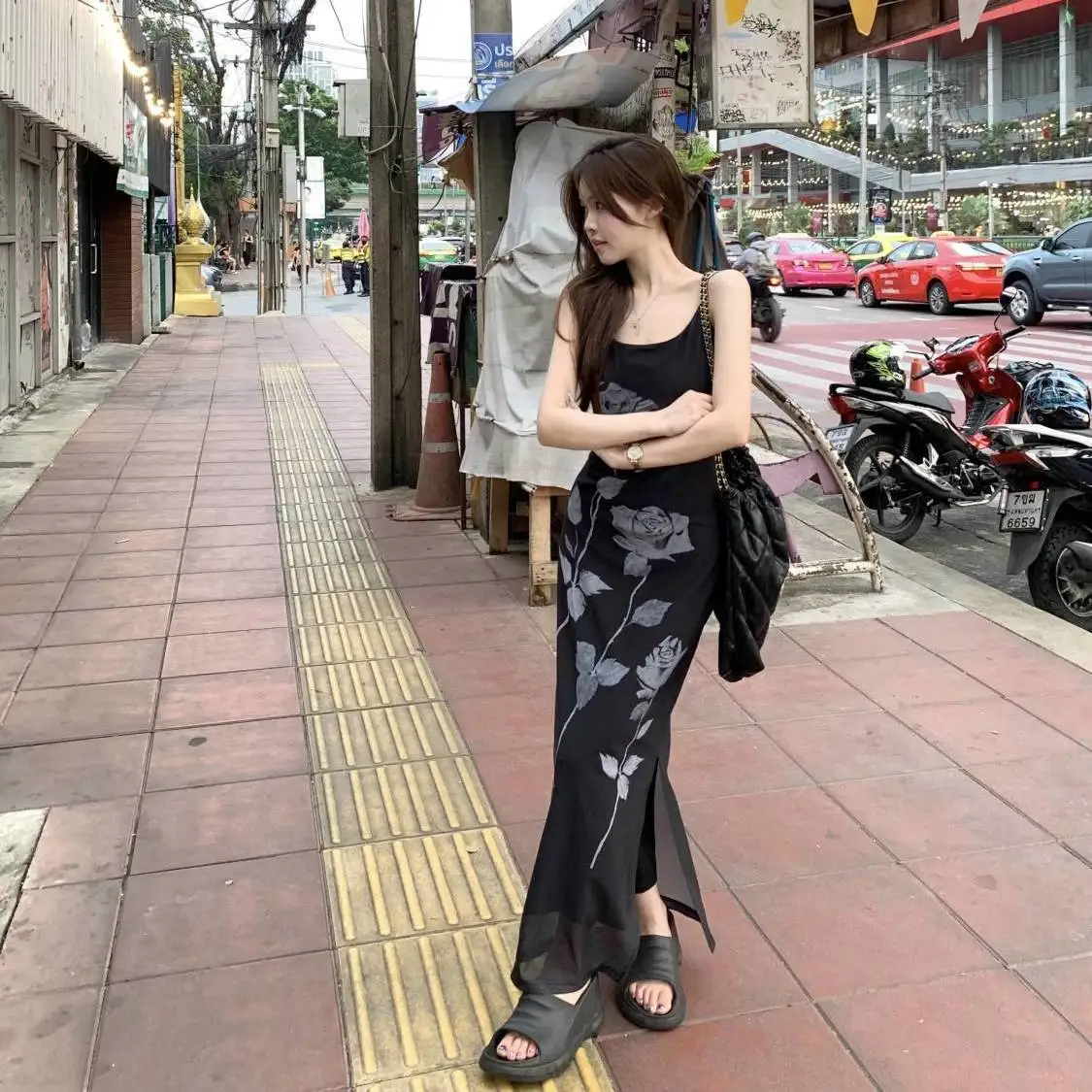 الفرنسية الرغبة النقية سبليت فساتين النساء ضيق الخصر Bodycon فستان أنيق روز مطبوعة شبكة الحمالات Vestidos فام #3