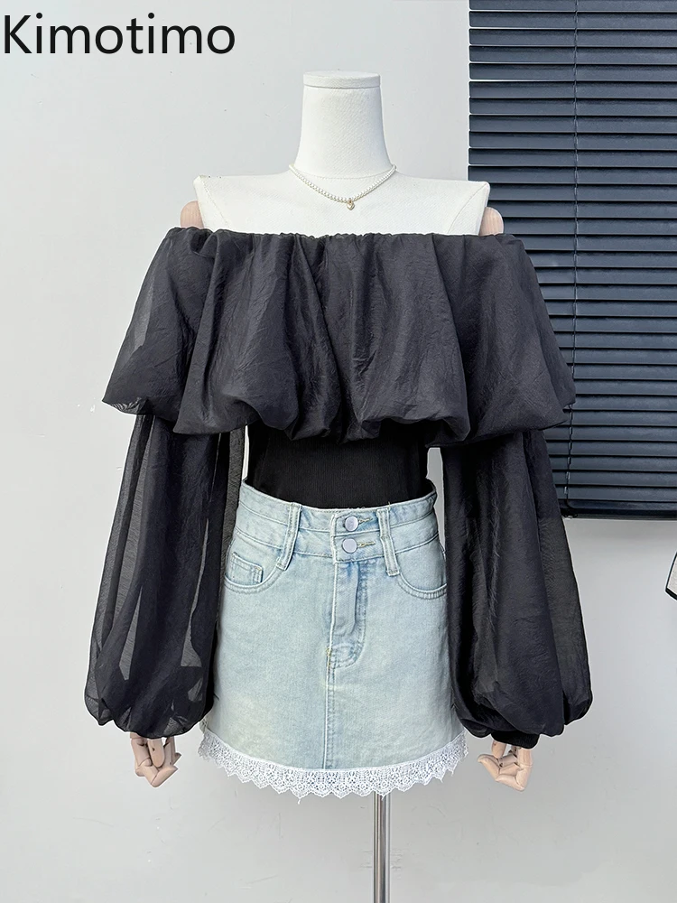 Kimotimo French One Shoulder Ruffled Waist Short Blouses Women Autumn Sexy Solid Slim Fit Long Sleeve Shirt Blusa Ladies Tops