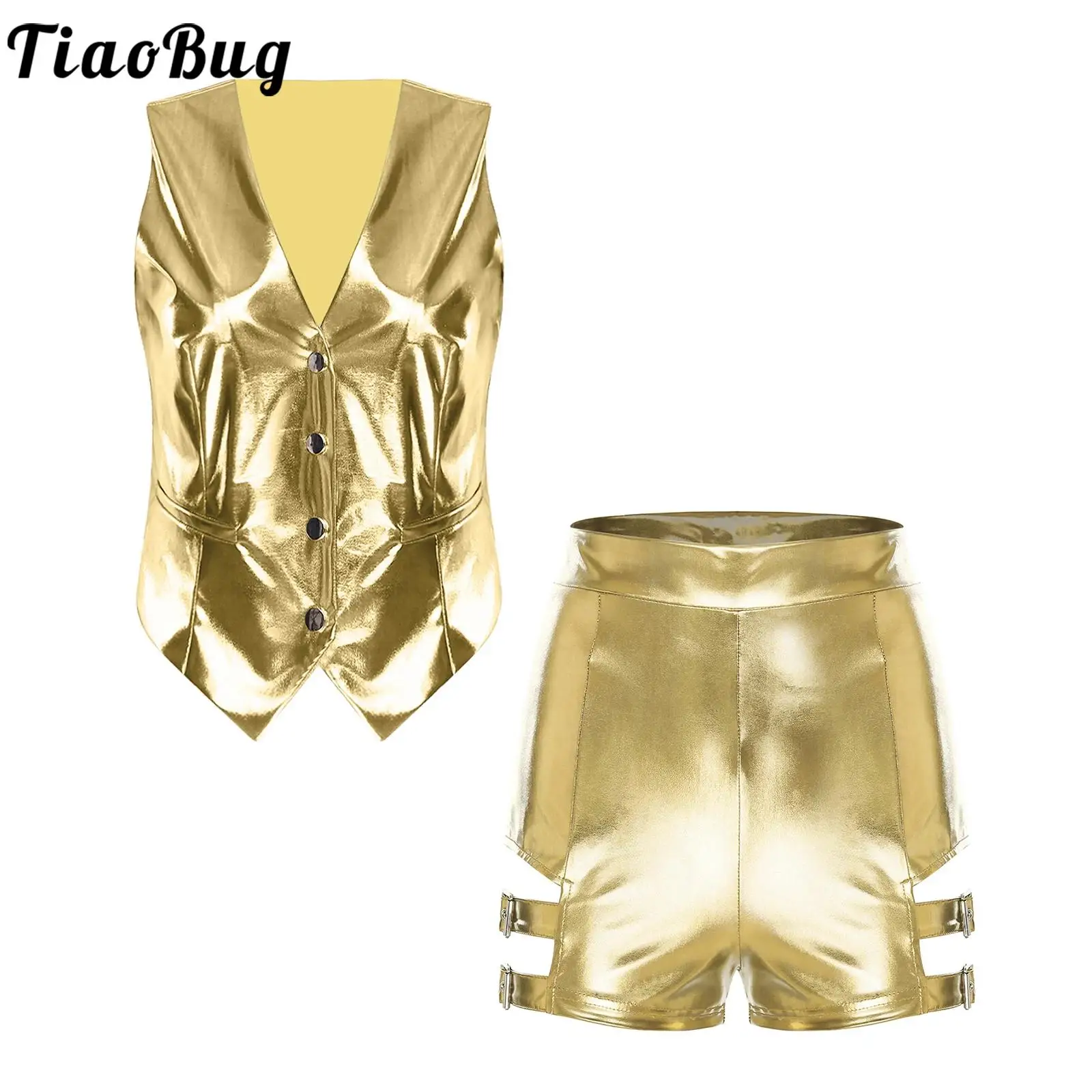 Women Metallic Shiny Hot Pants Dance Outfits Clubwear Raves Party Vest and High Waist Shorts Sets Punk Stage Performance Clothes