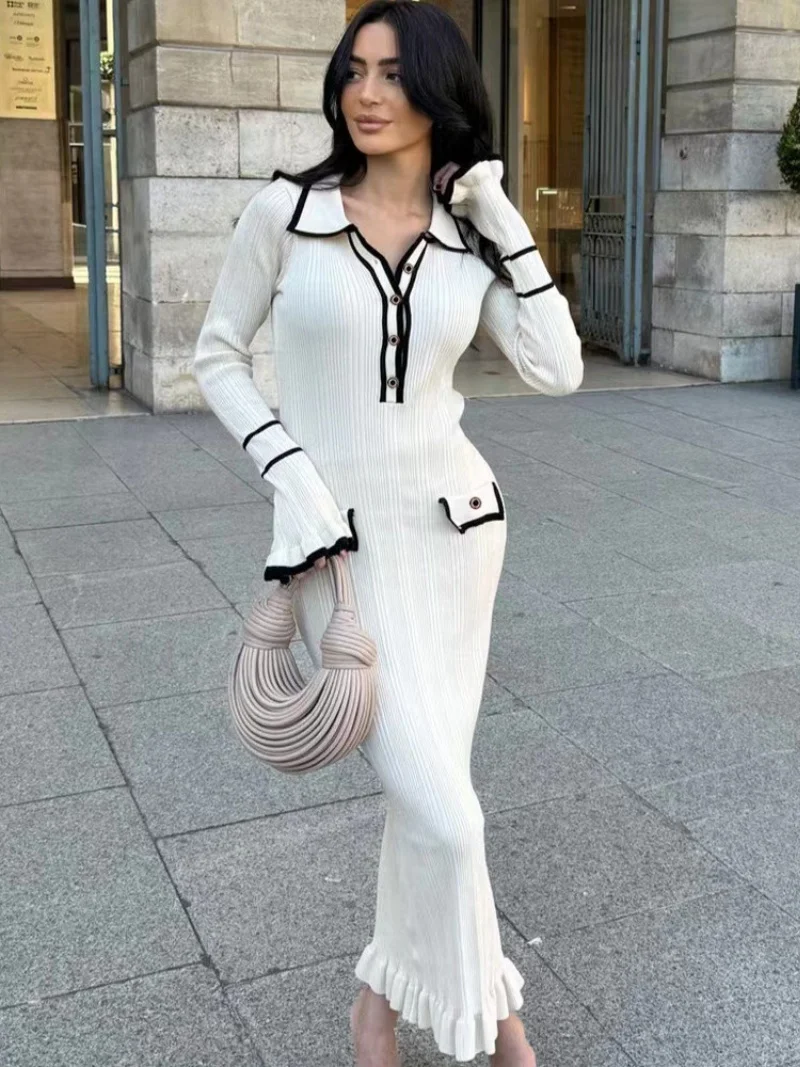 Elegant Knitting Slim Fit Dress Spring Clothes Women Ribbed Contrast Bodycon Long Dresses OL Style Knitted Sweater Dress Vestido