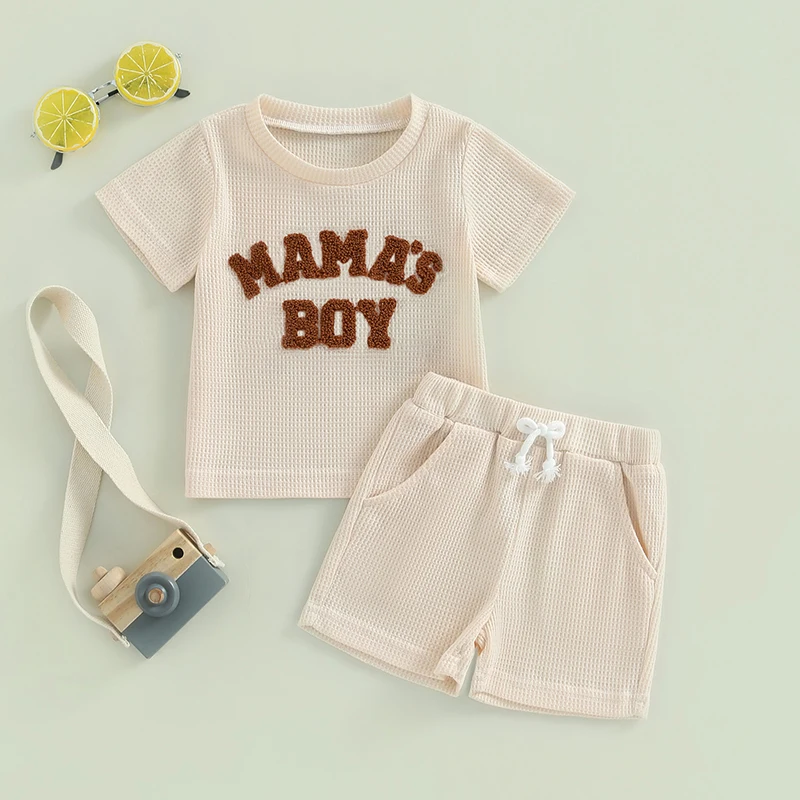 2024-01-20 Lioraitiin Summer Baby Boy Clothes Letter Embroidery Short Sleeve T-Shirt Shorts Set 2Pcs Waffle Knit Outfit