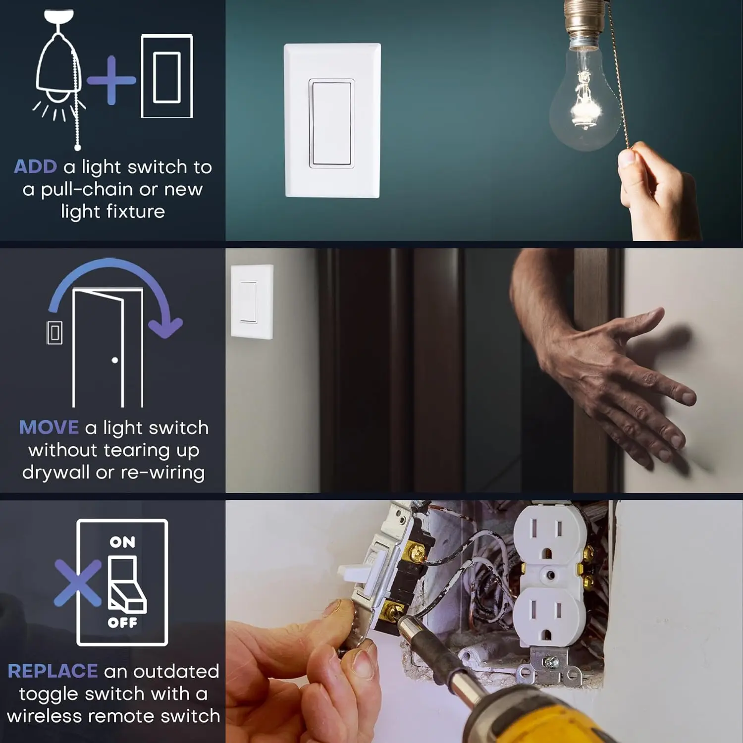 3-Way Remote Light Switch Kit Wireless Battery-Free Self-Powered Kinetic DIY Wall Switch 150ft RF Range