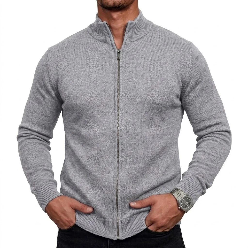 Herren-Strickjacke mit hohem Kragen und Reißverschluss, langärmelig, lässige Strickjacke, Mantel, Thermo-Strickware, Winter-Oberbekleidung mit Stehkragen – Detail 13