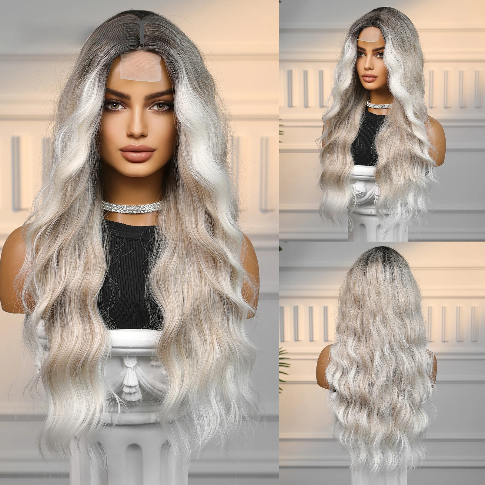 

4*1 Part Front Lace Synthetic Wig Long Curly Wavy Ombre Dark Root to Blonde with Highlight Hair Wigs for Ladies