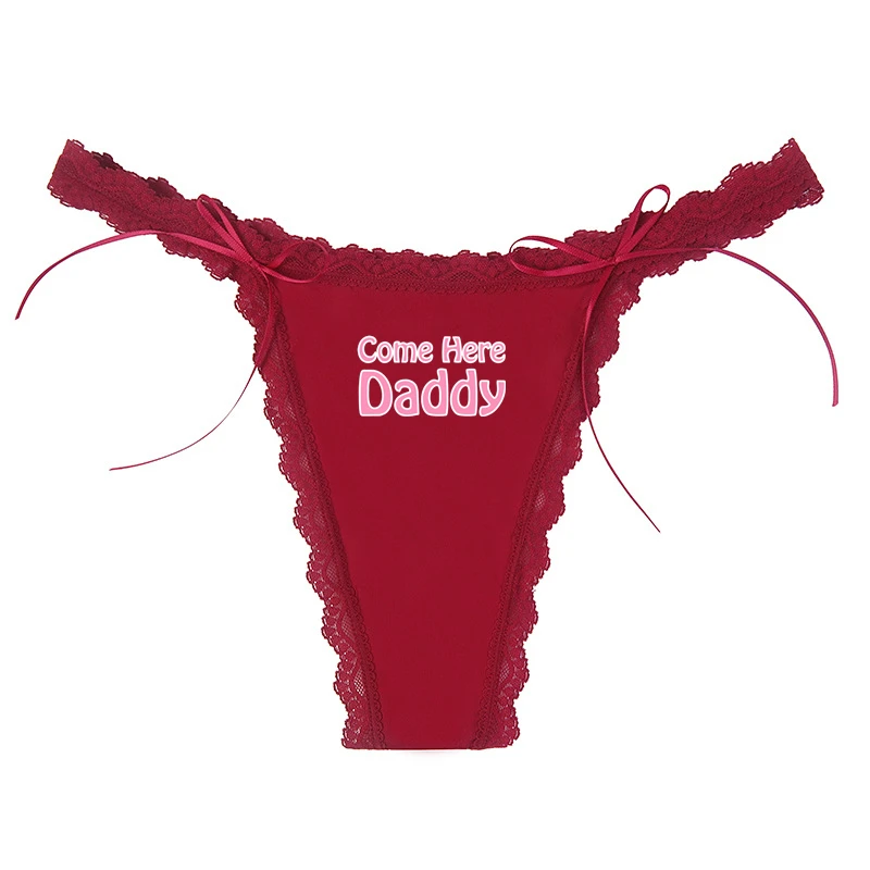 Yes Daddy-ropa interior con estampado de letras para mujer, Tanga de encaje Sexy, ropa interior con correa fina, borde ondulado, rojo vino, sin