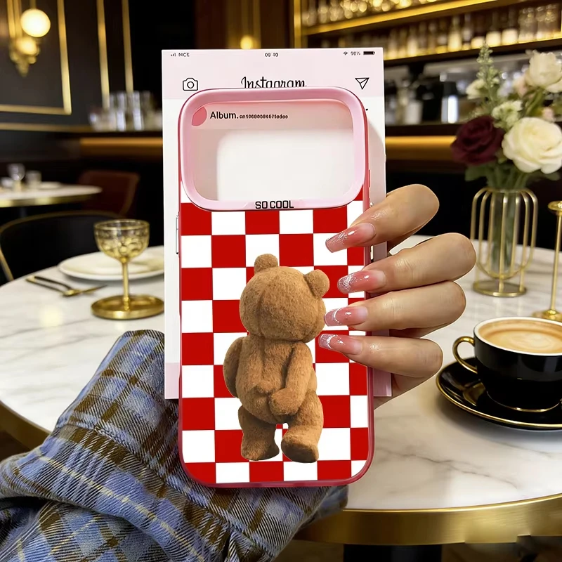 Coque de téléphone Teddy Bear à rayures écossaises pour iPhone 17 Air 16 15 14 11 Pro 13 12 Mini 8 7, coque rigide antichoc mate avec pare-chocs laser